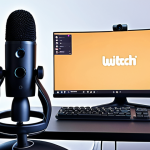 The Ideal Streaming Setup**

*Prompt:* A brightly lit, modern streaming setup. Focus on a Logitech Brio webcam capturing a friendly streamer (male or female, your choice). Show a Blue Yeti microphone prominently displayed. Include a softbox or ring light creating flattering lighting. Background should be a stylized gaming room with subtle branding. Emphasize the professional, clean look. Resolution 4k.
*Keywords:* Twitch setup, streaming equipment, Logitech Brio, Blue Yeti, ring light, gaming room, professional streamer.

**