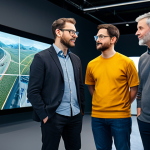 A diverse group of professional game developers and experienced community leaders, in modest business casual attire, gathered around a large interactive holographic display in a high-tech, modern studio environment. They are deeply focused, collaboratively reviewing and discussing new game features and development progress. The atmosphere is one of collaborative innovation and serious deliberation. Perfect anatomy, correct proportions, natural pose, well-formed hands, proper finger count, natural body proportions. safe for work, appropriate content, fully clothed, professional, family-friendly, high quality, studio lighting.