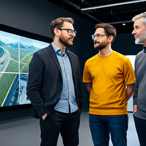 A diverse group of professional game developers and experienced community leaders, in modest business casual attire, gathered around a large interactive holographic display in a high-tech, modern studio environment. They are deeply focused, collaboratively reviewing and discussing new game features and development progress. The atmosphere is one of collaborative innovation and serious deliberation. Perfect anatomy, correct proportions, natural pose, well-formed hands, proper finger count, natural body proportions. safe for work, appropriate content, fully clothed, professional, family-friendly, high quality, studio lighting.
