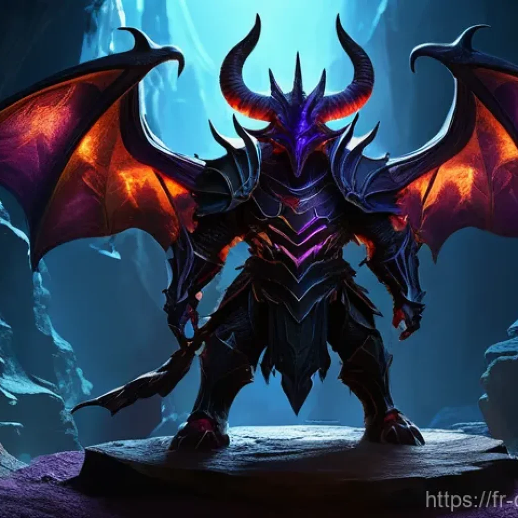 데블 M 탈것 정보 및 획득법 - **Prompt:** A majestic and fearsome fantasy mount, the "Devil M Mount," standing regally in a dimly ...
