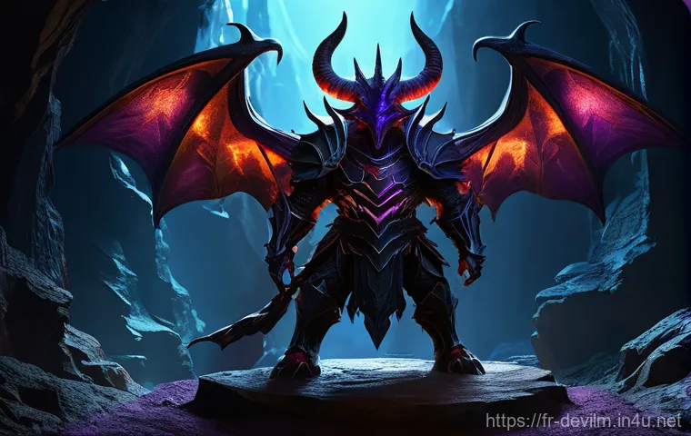 데블 M 탈것 정보 및 획득법 - **Prompt:** A majestic and fearsome fantasy mount, the "Devil M Mount," standing regally in a dimly ...