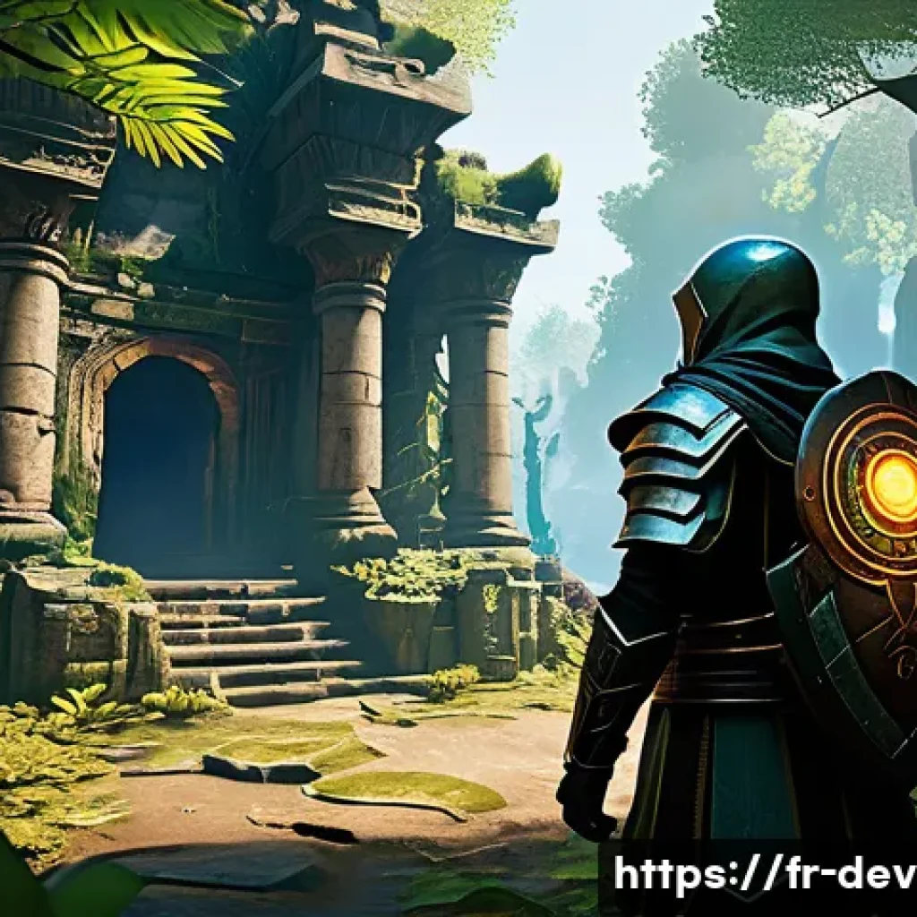 데블 M 퀘스트 자동 수락 설정 - A dynamic fantasy RPG scene showing a focused player character in light armor exploring a vibrant, m...