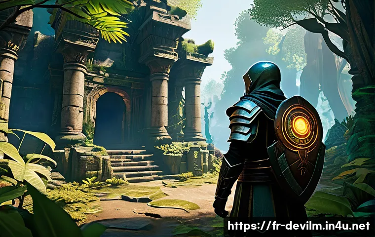 데블 M 퀘스트 자동 수락 설정 - A dynamic fantasy RPG scene showing a focused player character in light armor exploring a vibrant, m...