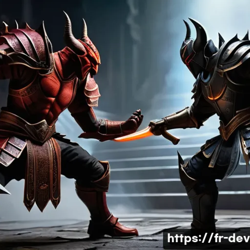 데블 M 보스 몬스터 패턴 - A dynamic action scene featuring a skilled warrior facing a menacing boss named Devil M in a dark, r...