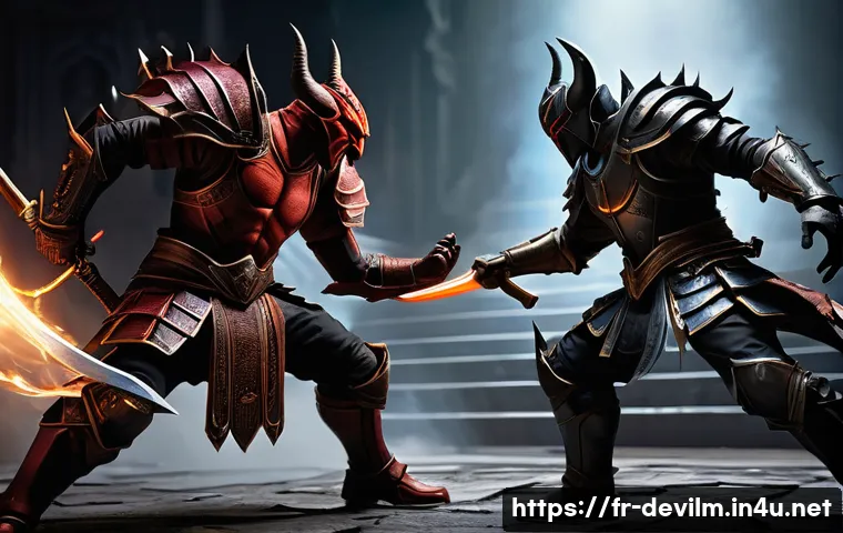 데블 M 보스 몬스터 패턴 - A dynamic action scene featuring a skilled warrior facing a menacing boss named Devil M in a dark, r...