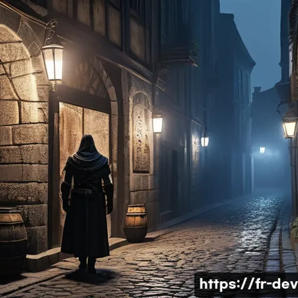 데블 M 숨겨진 NPC - A narrow, shadowy alleyway in a gothic city at night, illuminated by flickering lanterns and subtle ...