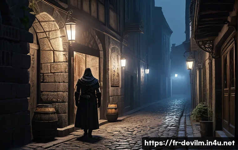 데블 M 숨겨진 NPC - A narrow, shadowy alleyway in a gothic city at night, illuminated by flickering lanterns and subtle ...