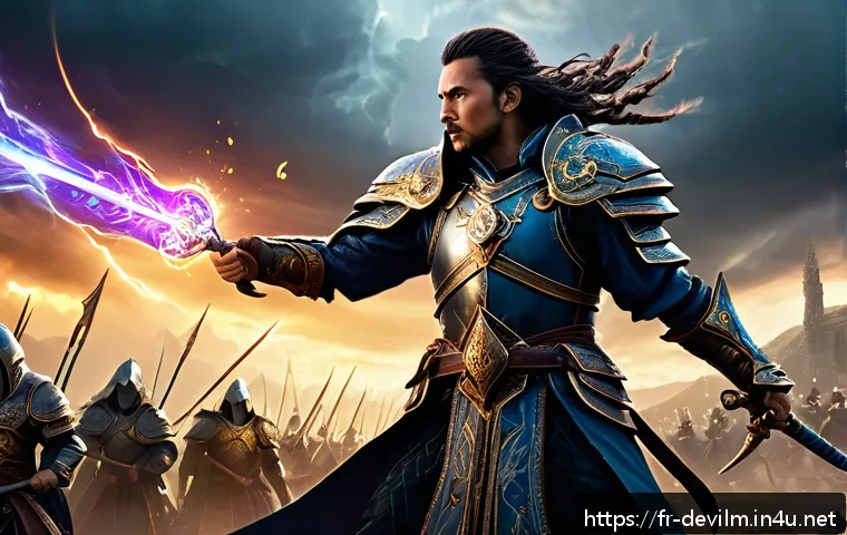 데블 M 클래스 밸런스 변경 사항 - A detailed fantasy battle scene featuring a mage character clad in ornate, intricate armor with glow...