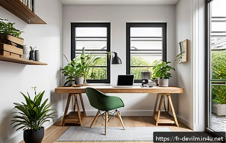 데블 M 성장 노하우 - A modern, well-organized home office bathed in natural daylight from a large window, featuring an er...