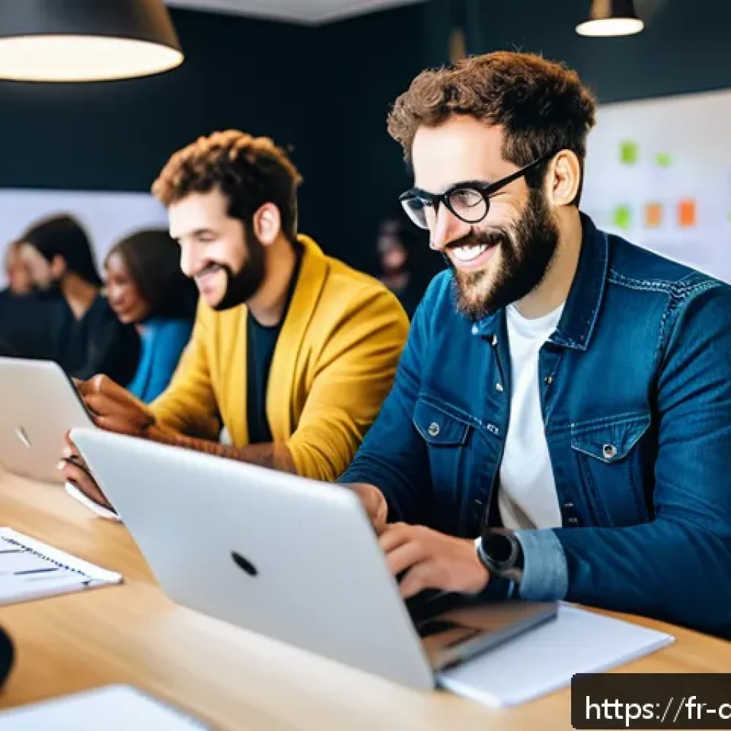 데블 M 커뮤니티 활동 가이드 - A vibrant and modern co-working space filled with diverse developers actively engaged in discussions...