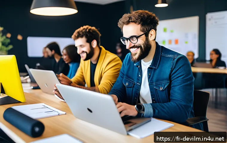 데블 M 커뮤니티 활동 가이드 - A vibrant and modern co-working space filled with diverse developers actively engaged in discussions...