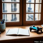 Home 18 데블 M 플레이 시간 제한 - A cozy modern living room scene in Paris, featuring a young adult thoughtfully journaling their gami...