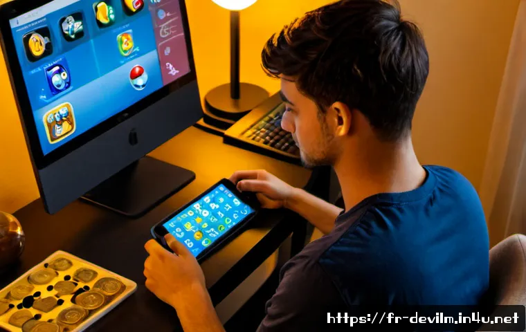 데블 M 캐시 아이템 구매 가이드 - Photorealistic French young adult gamer seated at a clean modern desk, carefully comparing virtual g...